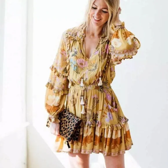 SOLD OUT Golden Floral Ruffle Fall Boho Long Sleeve Dress - Picture 2 of 12